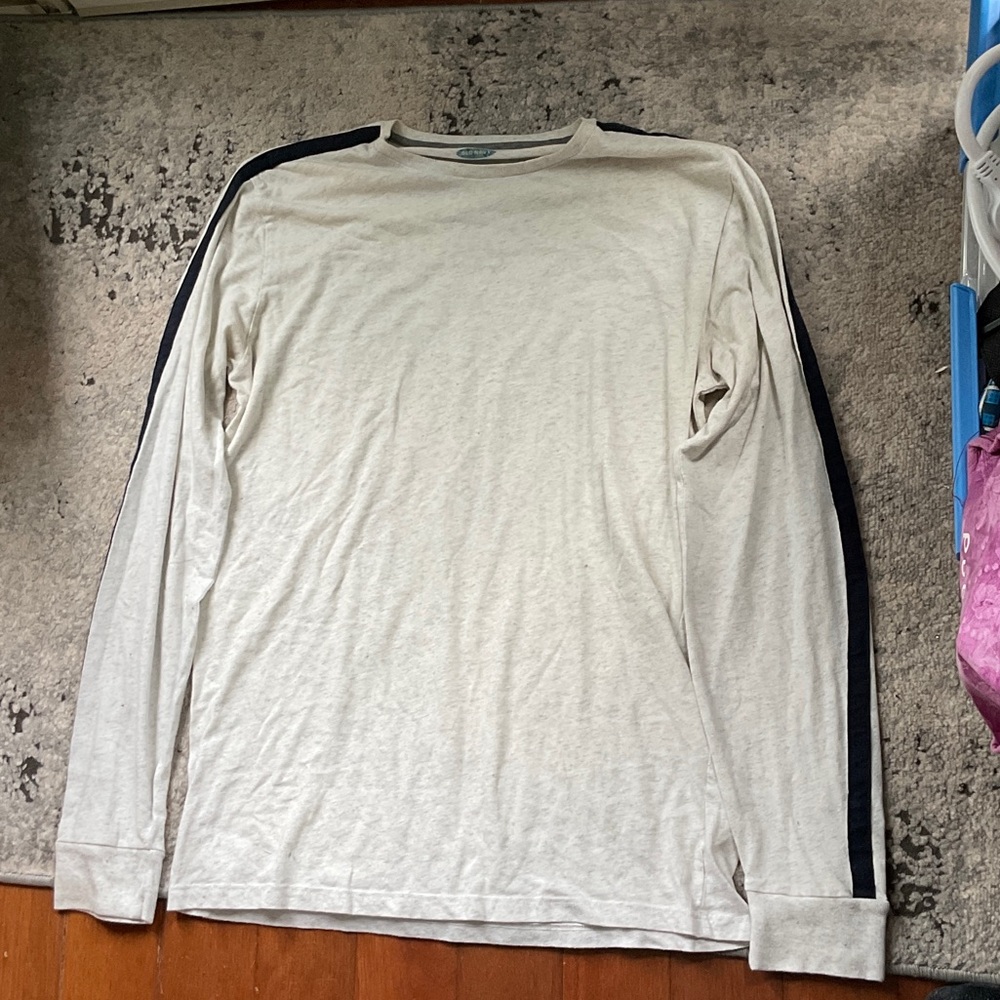 Old Navy Men's Cream Long Sleeve Shirt with Black Stripes